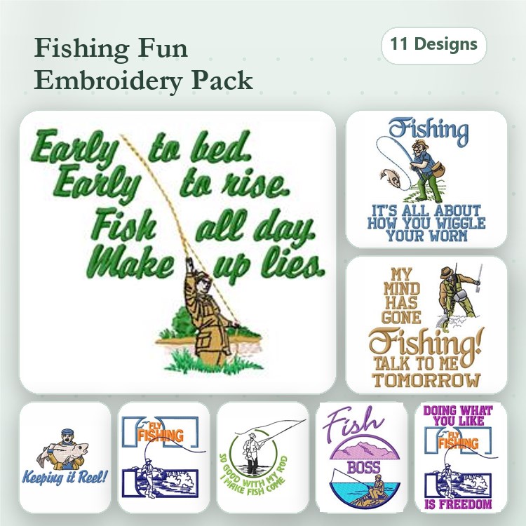 Fishing Quotes & Graphics Embroidery Designs Bundle – Early to Bed, Gone Fishing Sign, Keep Calm & Fish On & More (11 Designs)