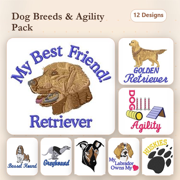Golden Retriever, Basset Hound & Greyhound Embroidery Bundle – Dog Agility (12 Designs)
