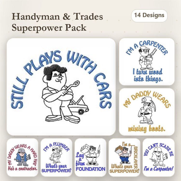 Handyman & Trades Embroidery Designs Bundle – I'm a Carpenter, I Fix Your Foundation, & More (14 Designs)