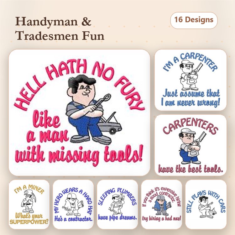 Handyman & Tradesmen Embroidery Designs Bundle – Hell Hath No Fury, I’m a Plumber, Crafting Plumbers & More (16 Designs)