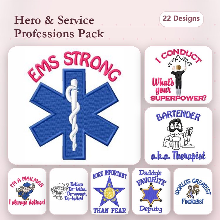 Hero and Service Professions Embroidery Designs Bundle – EMS Strong, What's Your Superpower?, Bartender a.k.a. Therapist & More (22 Designs)