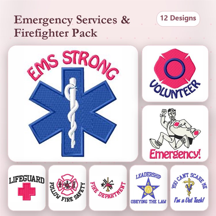Emergency Services & Firefighter Embroidery Designs Bundle – EMS Strong Badge, Volunteer Emblem, Emergency Badge & More (12 Designs)