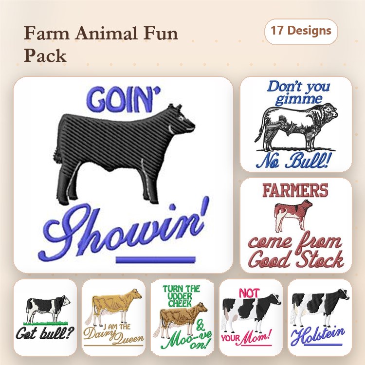 Farm Animal Embroidery Designs Bundle – Goin' Showin' Cow, No Bull Cow, Get Moo'd & More (17 Designs)