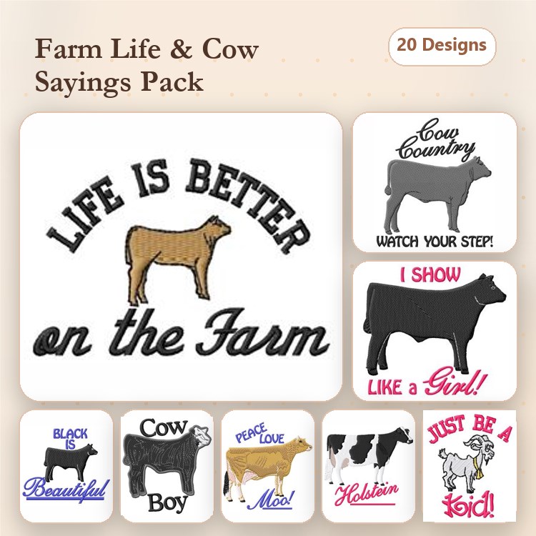 Farm Life and Cow Sayings Embroidery Designs Bundle – Life is Better on the Farm, Cowboy, Pure Bred Me! & More (20 Designs)