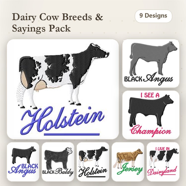 Dairy Cow Breeds Embroidery Designs Bundle – Holstein, Black Angus, Jersey & More (9 Designs)