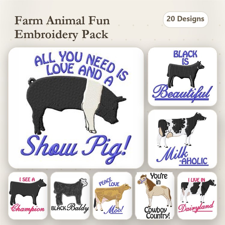 Farm Animal Embroidery Bundle – Show Pig, Black is Beautiful, Milk Aholic & More (20 Designs)