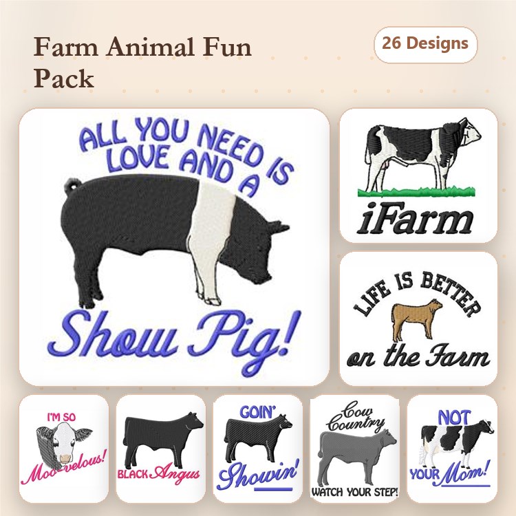 Farm Animal Embroidery Designs Bundle – Show Pig, I'm So Moo-velous, Cow Says Moo & More (26 Designs)