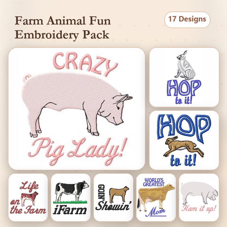 Farm Animal Embroidery Bundle – Crazy Pig Lady, Hop to It!, Life on the Farm & More (17 Designs)