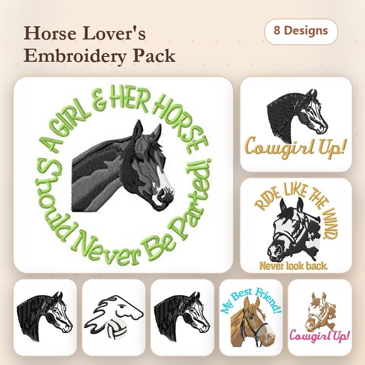 Horse Embroidery Bundle – Horse Head Silhouette, Ride Like the Wind, Best Friend & More (8 Designs)