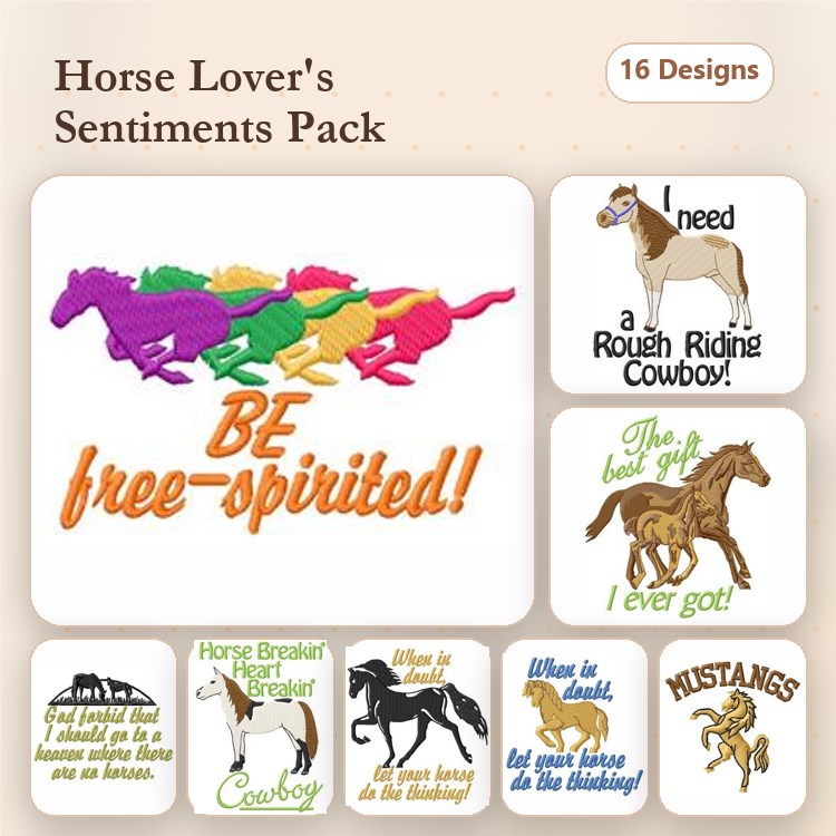 Horse Sentiments Embroidery Designs Bundle – Horse Lover's Sentiment Quote 1, Rough Riding Cowboy Quote & More (16 Designs)