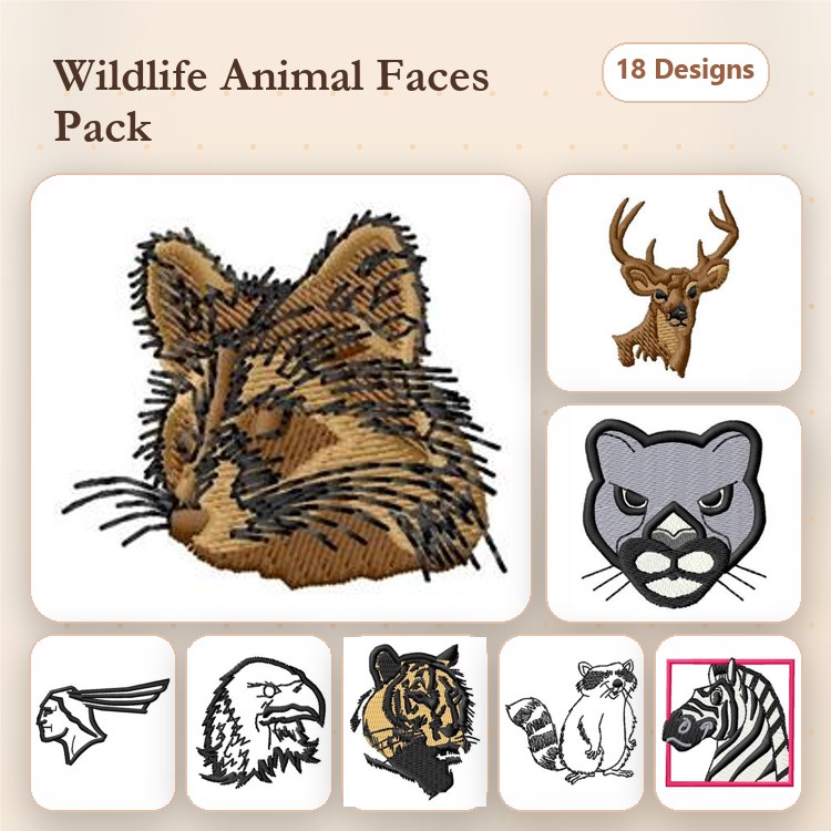 Animal Faces Embroidery Designs Bundle – Cat, Deer, Wolf, Tiger & More (18 Designs)