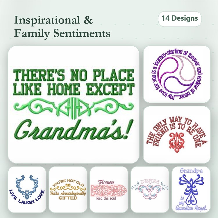 Inspirational & Family Sentiments Embroidery Designs Bundle – There's No Place Like Home Except Grandma's!, Friendship Quote, Live Laugh Love & More (14 Designs)