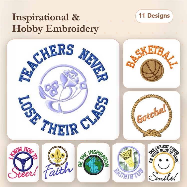 Inspirational Phrases & Sports Embroidery Designs Bundle – Teachers Never Lose Their Class, Basketball, Smile & More (11 Designs)
