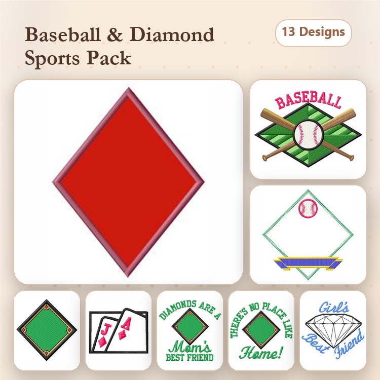 Baseball Embroidery Designs Bundle – Baseball, Home Plate, Baseball Cap & More (13 Designs)