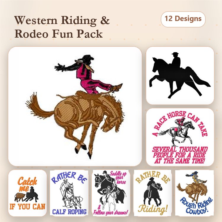 Western Riding & Rodeo Embroidery Designs Bundle – Rodeo Cowboy on Bucking Bronco, Catch Me if You Can, & More (12 Designs)