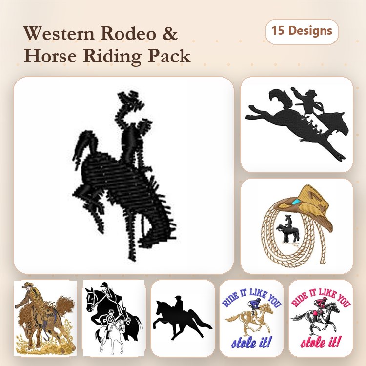 Western Rodeo & Horse Riding Embroidery Designs Bundle – Cowboy, Horse, Western Hat & More (15 Designs)