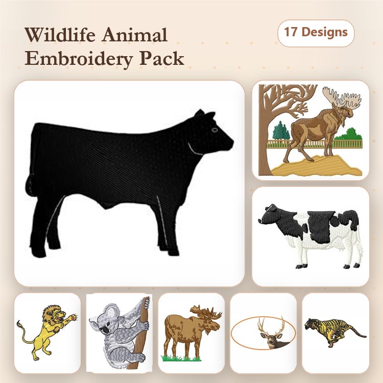 Wildlife Animal Embroidery Bundle – Cow, Moose, Lion, Elephant & More (17 Designs)