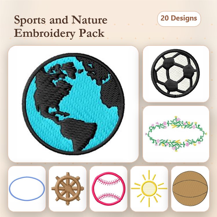 Sports & Nature Embroidery Designs Bundle – Globe, Soccer Ball, Baseball, Sun & More (20 Designs)