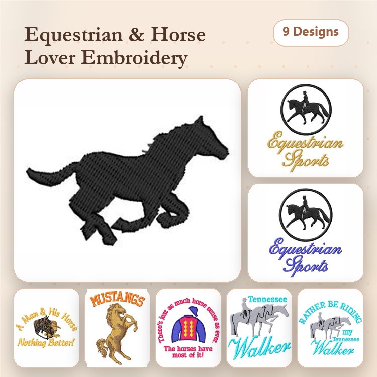Equestrian Sports Embroidery Bundle – Running Horse, Mustangs, Tennessee Walker & More (9 Designs)