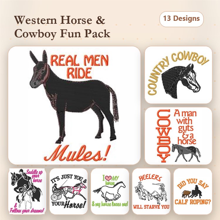 Western Horse & Cowboy Embroidery Designs Bundle – Real Men Ride Mules, Country Cowboy, A Man with Guts & More (13 Designs)
