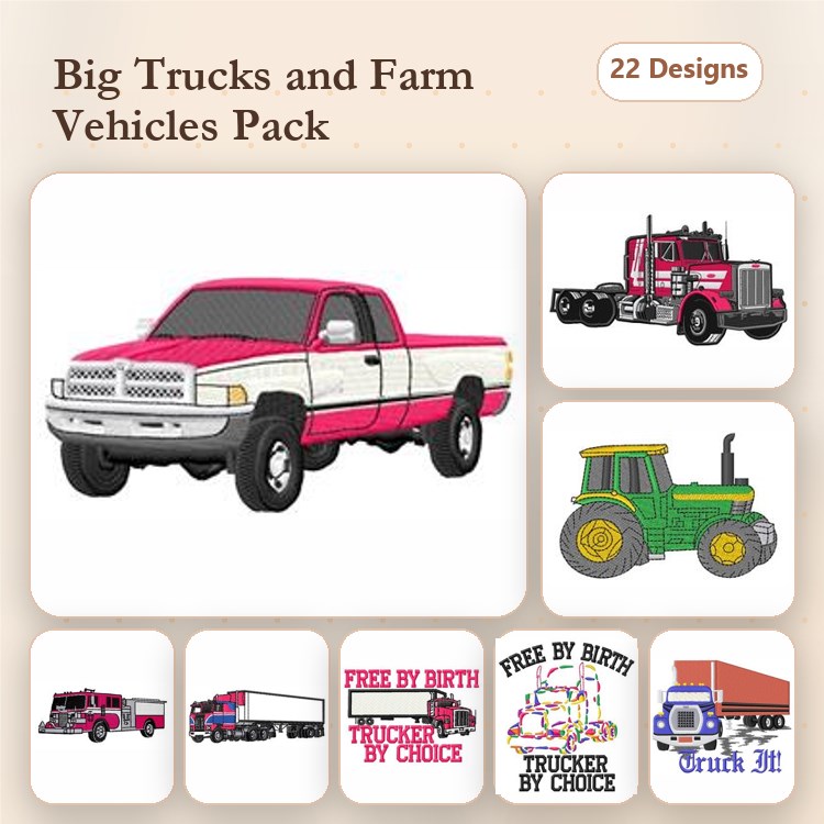 Trucks and Farm Vehicles Embroidery Designs Bundle – Pickup Truck, Semi Truck, Tractor & More (22 Designs)