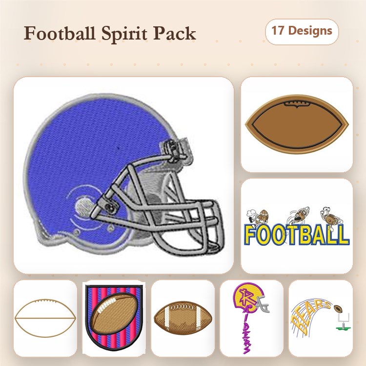 Football Themed Embroidery Designs Bundle – Football Helmet, Trophy, Cheerleader & More (17 Designs)