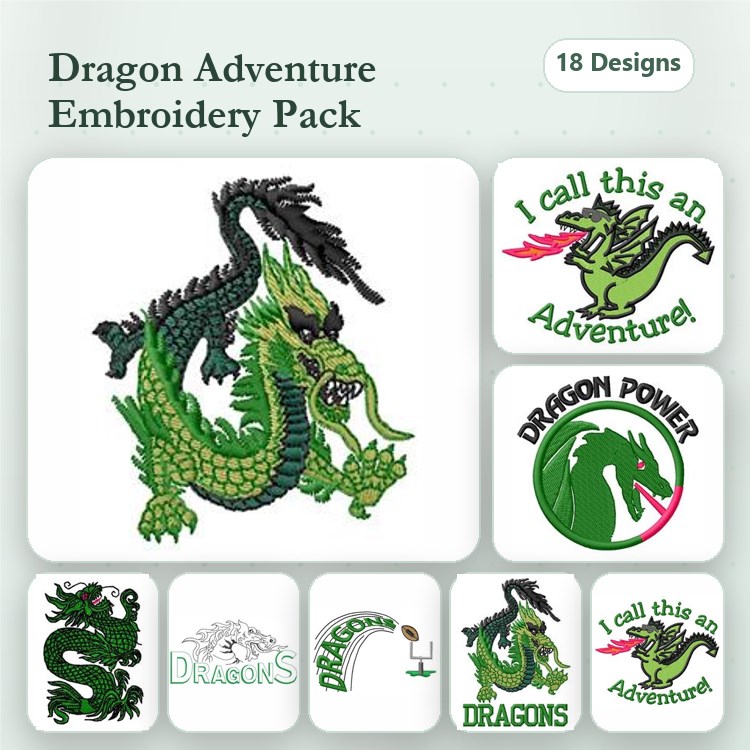 Dragon-Themed Embroidery Designs Bundle – Green Dragon, I Call This An Adventure, Dragon Power & More (18 Designs)