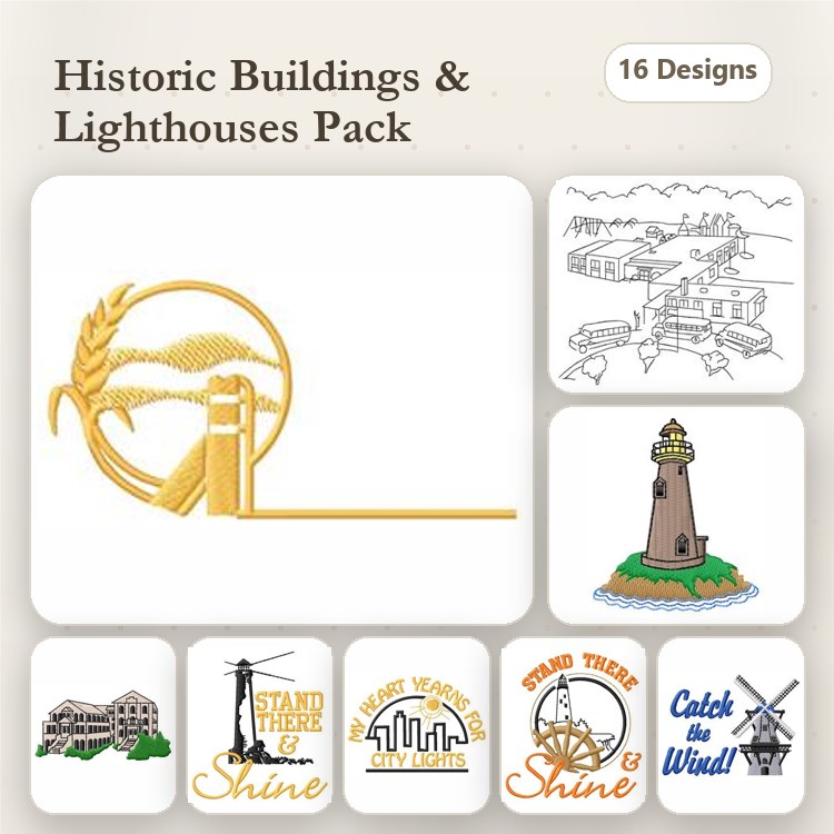 Historic Buildings & Lighthouses Embroidery Designs Bundle – Lighthouse with Wheat, Shine Bright & More (16 Designs)