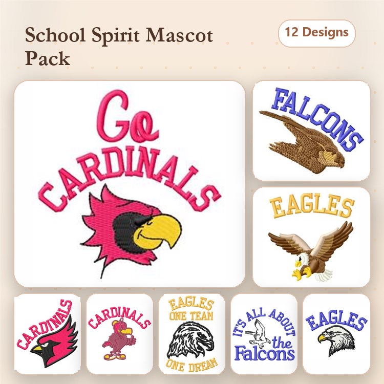 School Spirit Mascots Embroidery Bundle – Go Cardinals, All About the Falcons & More (12 Designs)