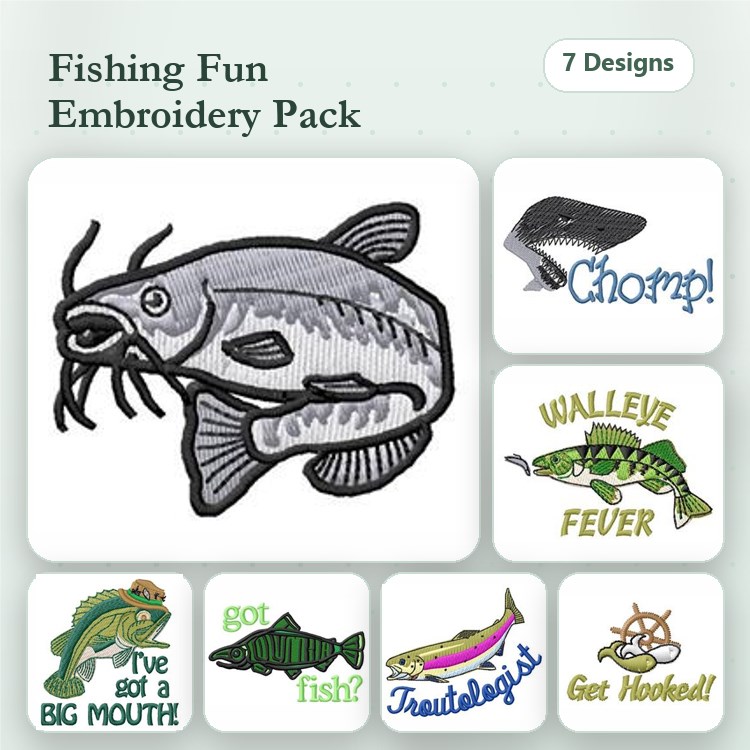 Fishing Humor Embroidery Designs Bundle – Catfish, Walleye Fever, Get Hooked & More (7 Designs)