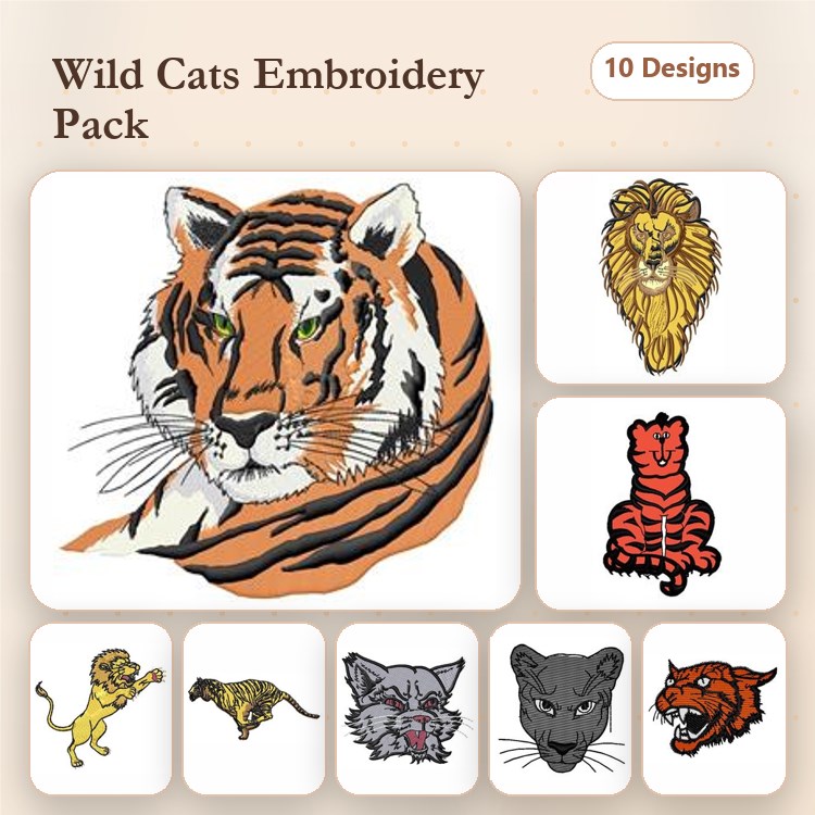 Wild Cats Embroidery Bundle – Tiger Head, Lion Head, Cheetah & More (10 Designs)