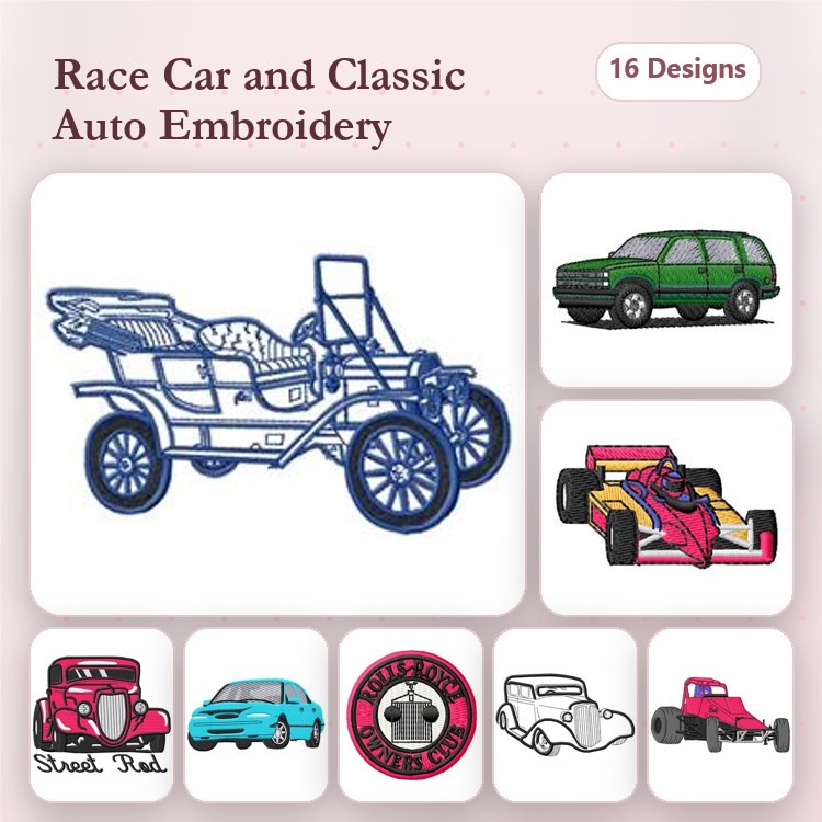 Race Cars & Classic Vehicles Embroidery Designs Bundle – Race Car, Classic Auto, Hot Rod & More (16 Designs)