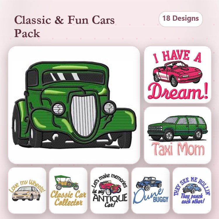 Classic & Fun Cars Embroidery Designs Bundle – Green Classic Car, Red Sports Car, Taxi Mom & More (18 Designs)