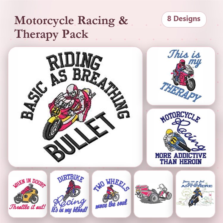 Motorcycle Racing & Therapy Embroidery Designs Bundle – Riding as Breathing, This is My Therapy & More (8 Designs)