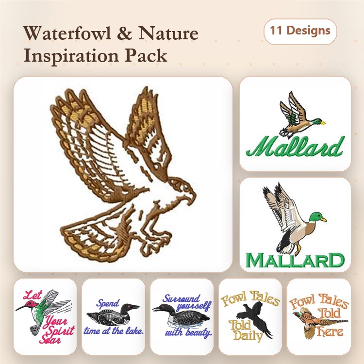 Waterfowl & Nature Embroidery Designs Bundle – Hawk, Mallard Duck, Let Your Spirit Soar & More (11 Designs)