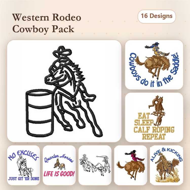 Western Rodeo Embroidery Designs Bundle – Barrel Racing Cowboy, Eat Sleep Calf Roping Repeat, Rodeo Clown & More (16 Designs)