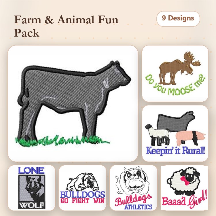 Bulldog & Hereford Cow Embroidery Bundle – Farm Animal Designs (9 Designs)