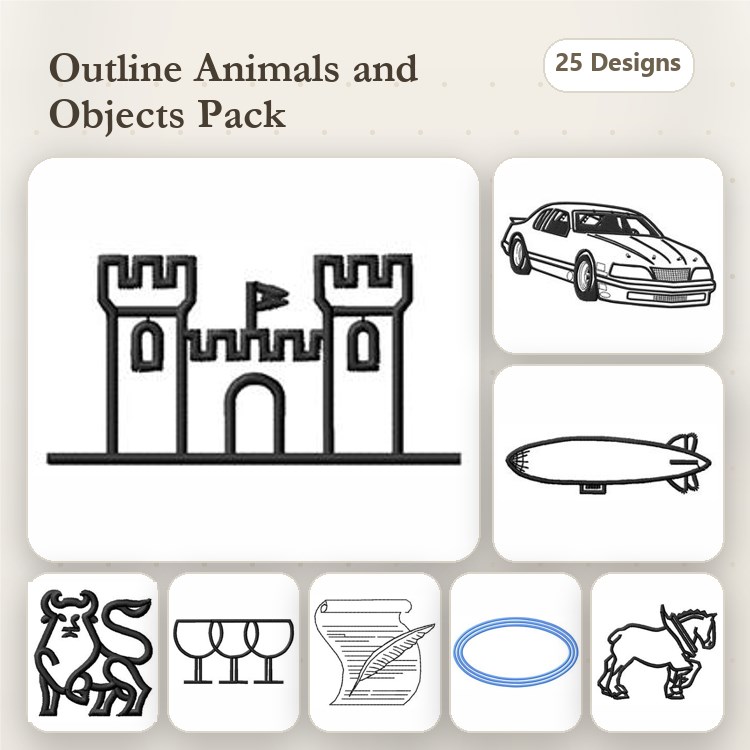 Redwork Outline Animals & Objects Embroidery Designs Bundle – Castle, Car, Zeppelin & More (25 Designs)