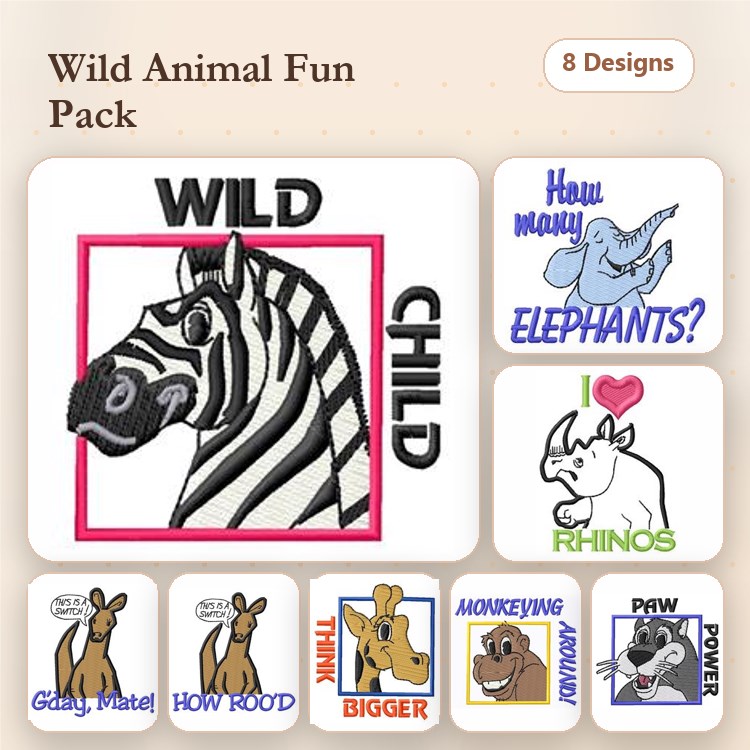 Wild Animal Embroidery Bundle – Zebra with Wild Child, Funny Monkey, How Rude & More (8 Designs)