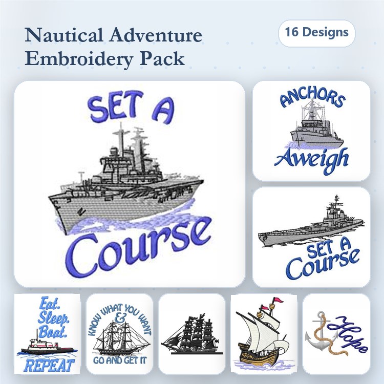 Nautical Adventure Embroidery Designs Bundle – Anchors Aweigh, Lighthouse, Sailboat & More (16 Designs)
