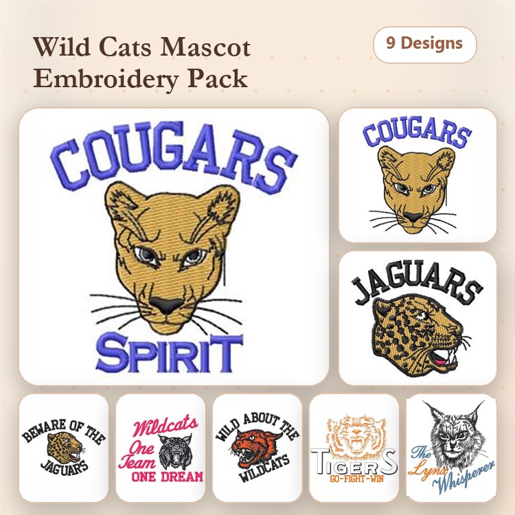 Wild Cats Mascot Embroidery Bundle – Cougars Spirit, Jaguars, Beware of the Wildcats & More (9 Designs)