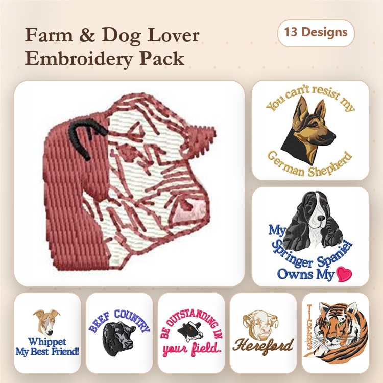 Hereford Cow & Dog Embroidery Bundle – Farm Living & Friendship (13 Designs)