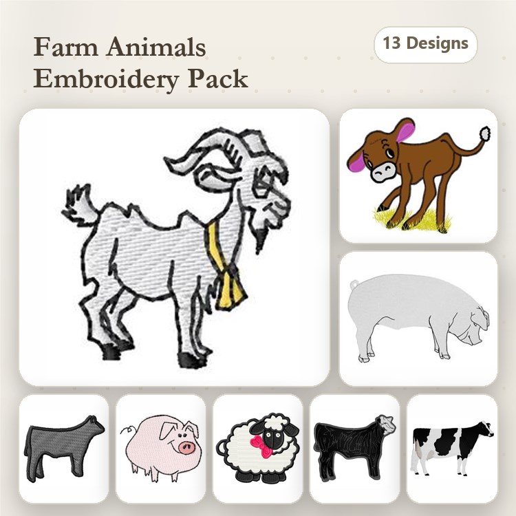 Farm Animal Embroidery Bundle – Goat, Cow, Pig, Sheep & More (13 Designs)