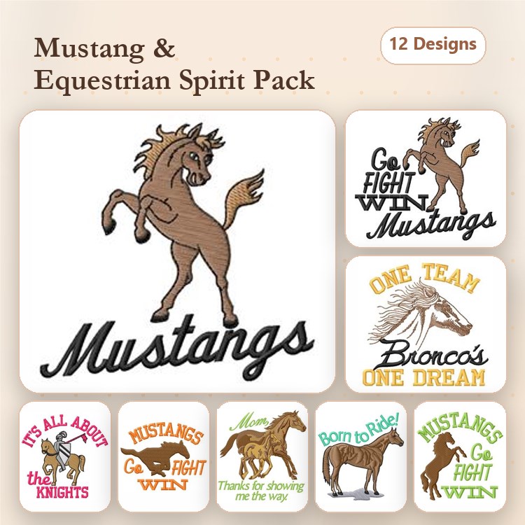 Mustang Horse Embroidery Bundle – Go Fight Win Mustangs, One Team Broncos One Dream, & More (12 Designs)