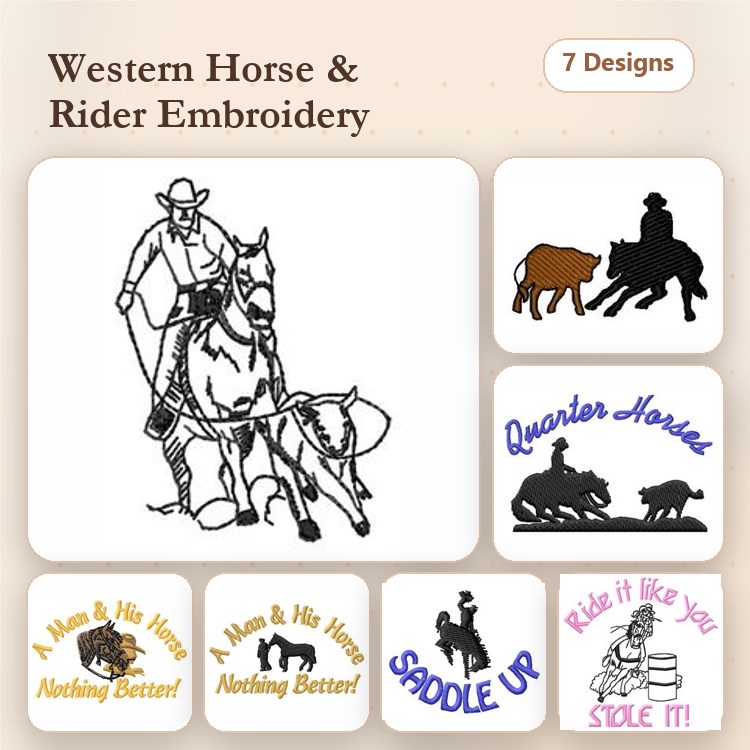 Western Horse & Rider Embroidery Bundle – Quarter Horses, A Man and His Horse, Saddle Up & More (7 Designs)