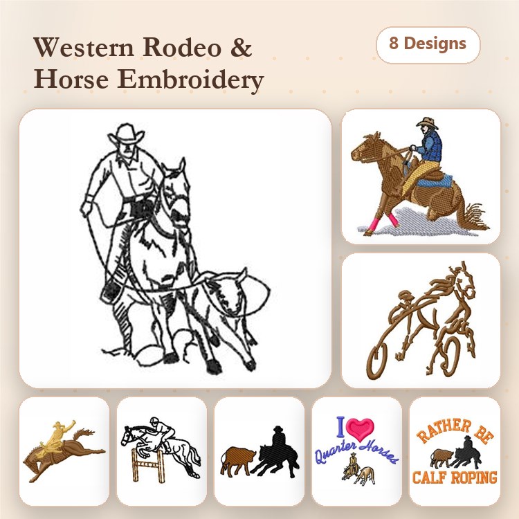Western Rodeo and Horse Embroidery Designs Bundle – Rodeo Cowboy on Horse, Calf Roping Cowboy, Horse Silhouette & More (8 Designs)