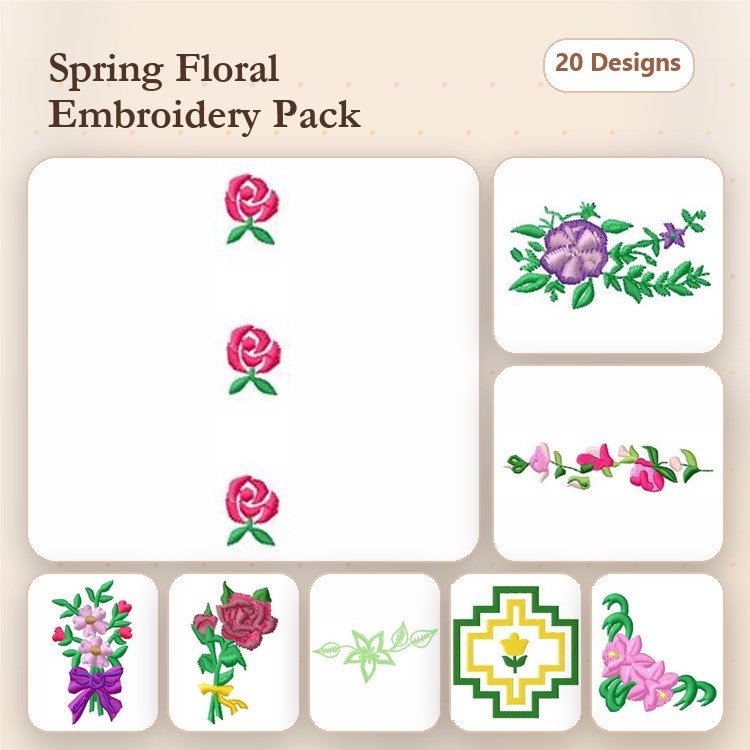Floral Embroidery Bundle – Rose Bouquet, Single Pink Rose, Vine with Flowers & More (20 Designs)