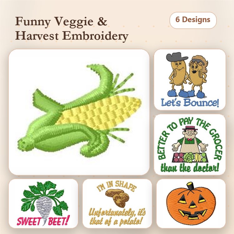 Funny Vegetable Embroidery Designs Bundle – Corn on the Cob, Let's Bounce Potatoes, Pumpkin & More (6 Designs)