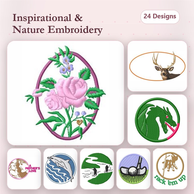 Nature-Inspired Embroidery Designs Bundle – Pink Rose, Deer Silhouette, Dragon & More (24 Designs)