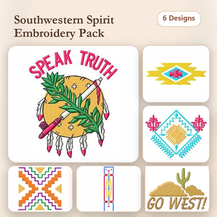 Southwestern Spirit Embroidery Designs Bundle – Speak Truth, Cactus Design, Southwestern Arrow & More (6 Designs)